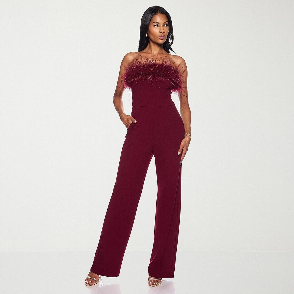MSRP $120 Premier Amour Womens 14 Burgundy Strapless Jumpsuit Faux-Feather Trim